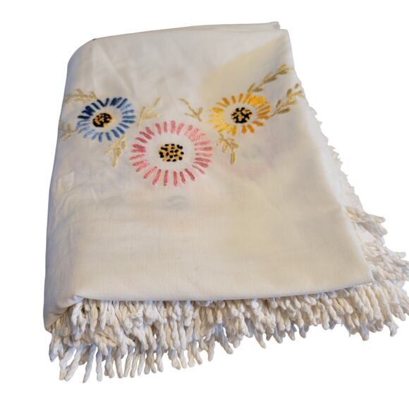 Vintage Handmade Bedspread Embroidered Flowers 72x80 Fringe Edges Floral Retro - Picture 11 of 14